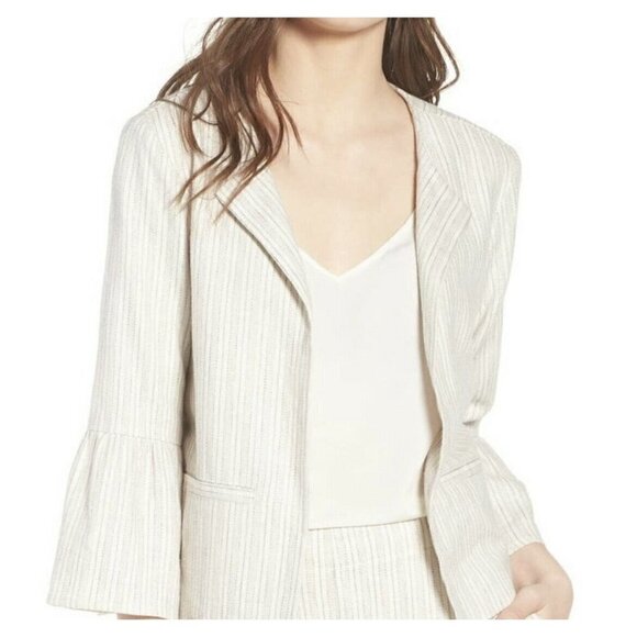 Cupcakes And Cashmere Ivory Striped Linen Blazer Sz L Bell Sleeve Open Front - Picture 1 of 6